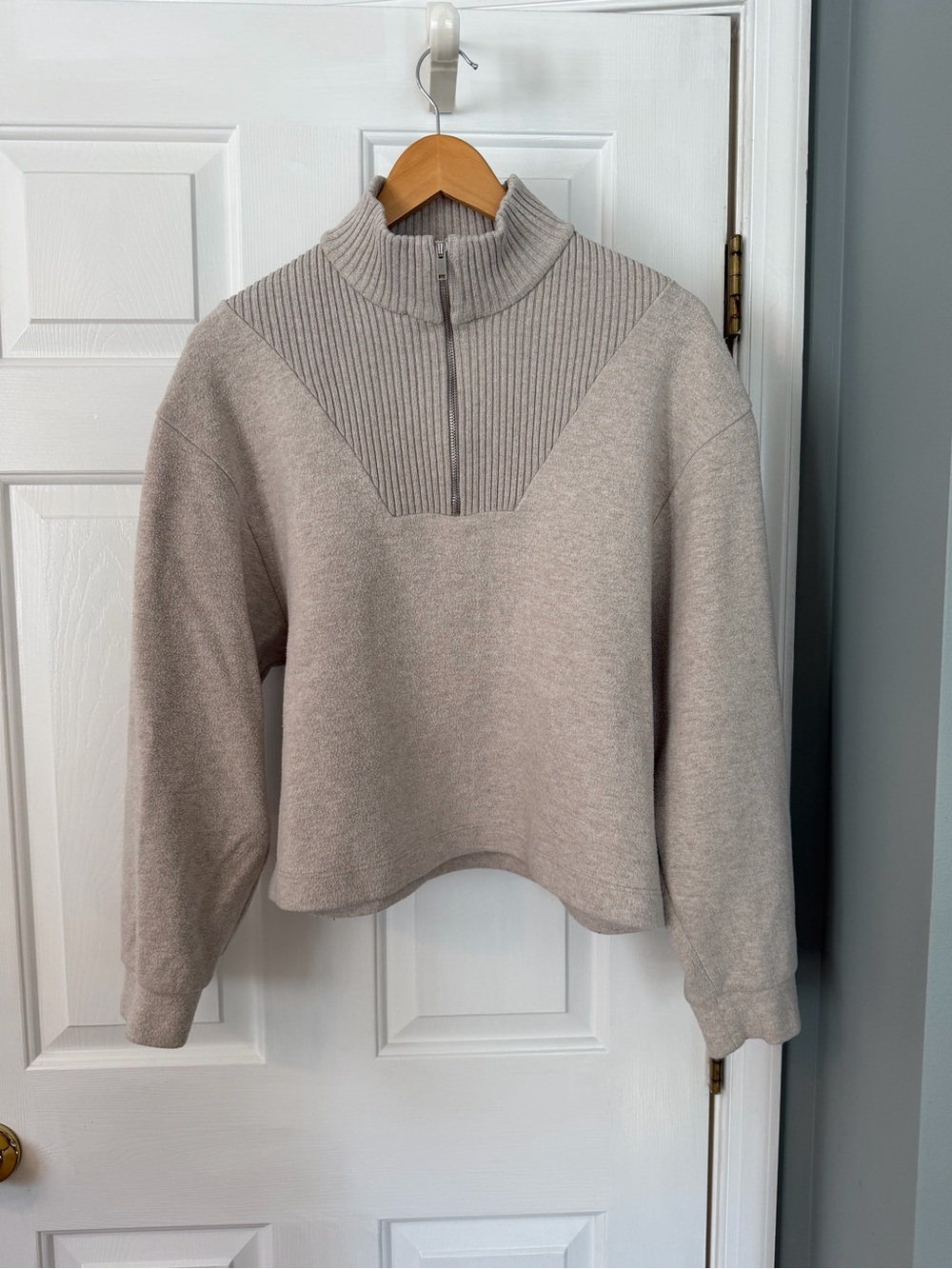 ZARA Oatmeal Knit Ribbed Quarter Zip High Neck Sweater (Size M)